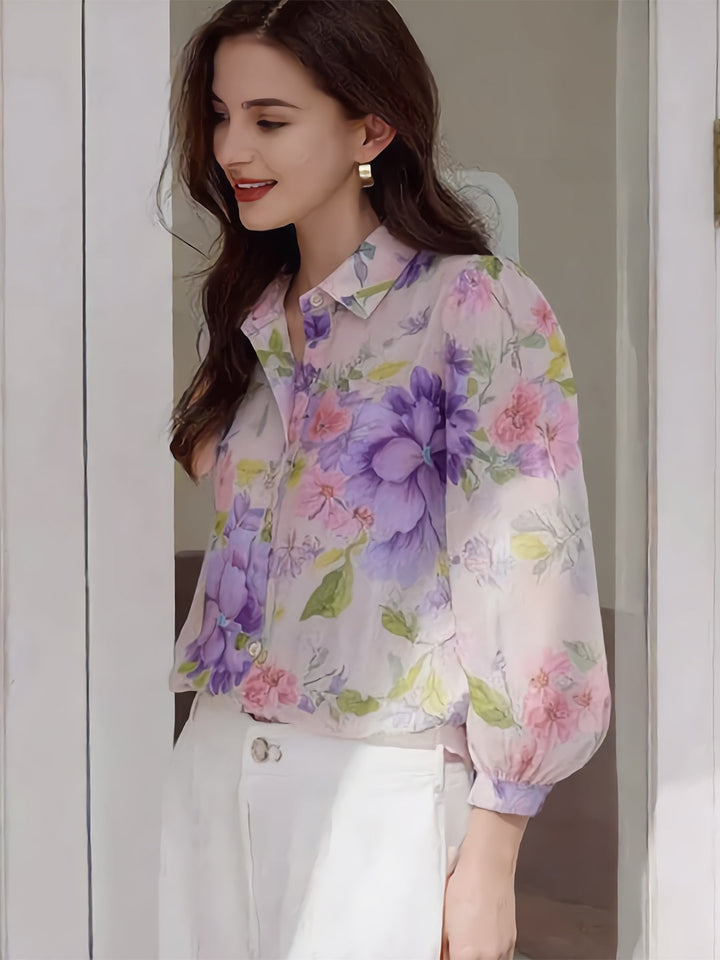 Riley Lapel Floral Printed Chiffon Blouse
