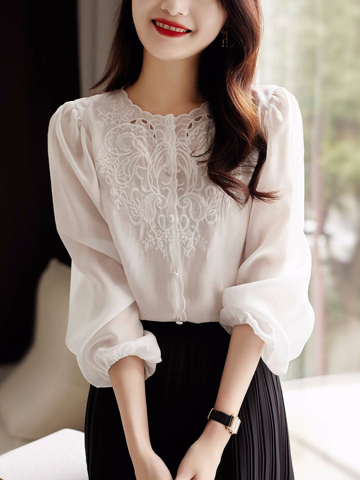 Jocelyn Elegant Embroidered Lantern Sleeve Shirt-Khaki