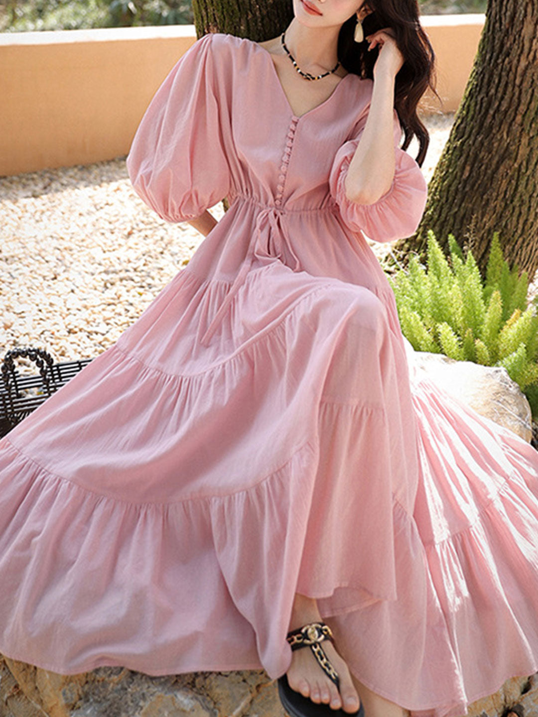 Olivia Retro V-neck Solid Color Dress