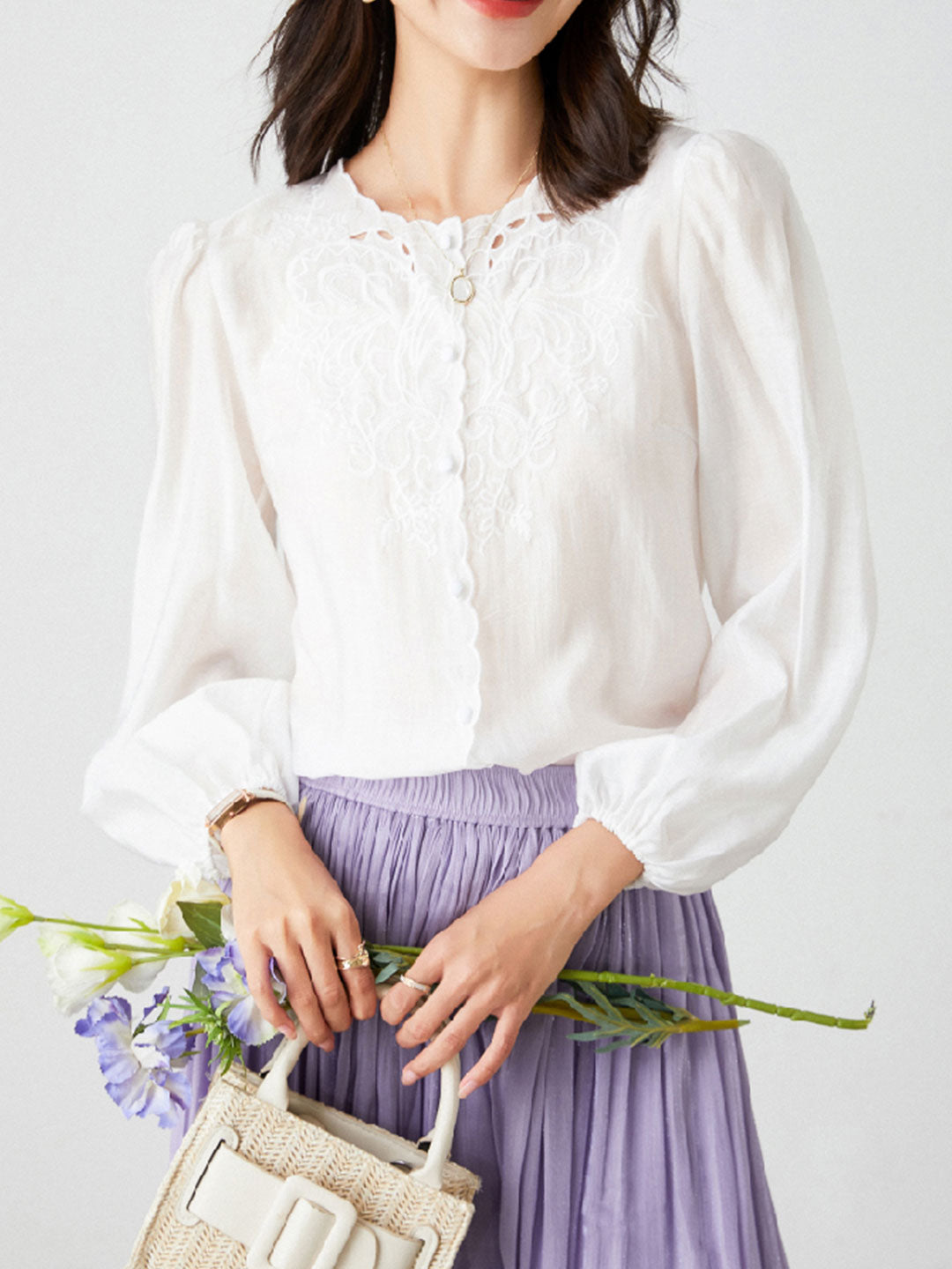 Jocelyn Elegant Embroidered Lantern Sleeve Shirt-Khaki