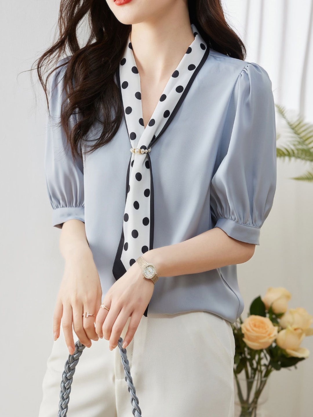 Kaitlyn Classic Printed Bow Satin Shirt