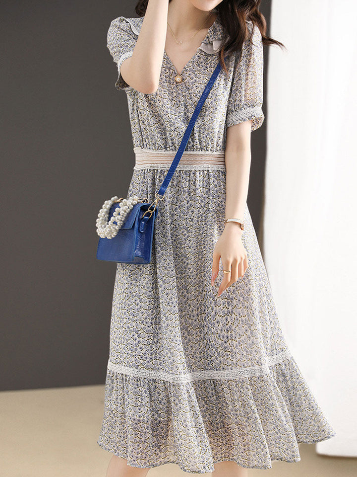 Jessica Retro V-neck Floral Puff Sleeve Dress