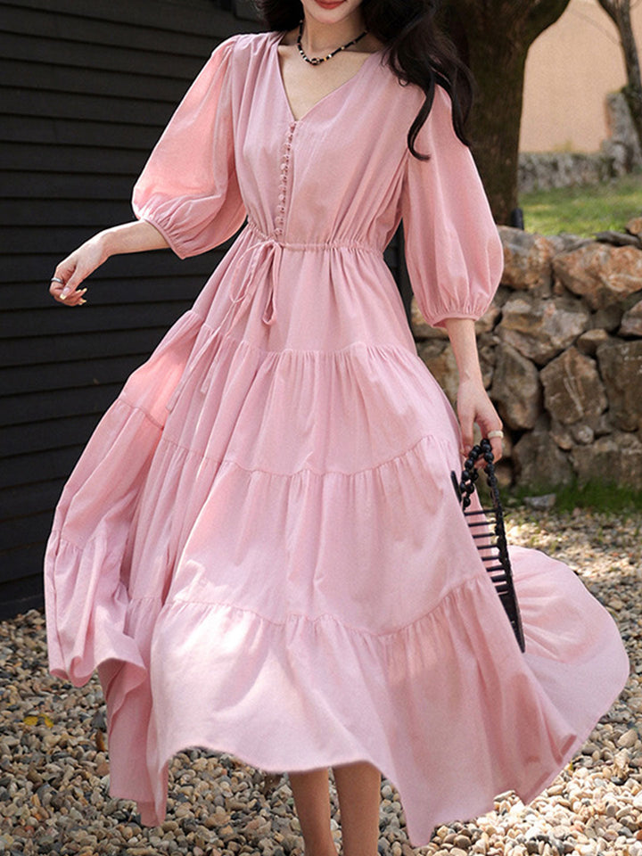 Olivia Retro V-neck Solid Color Dress