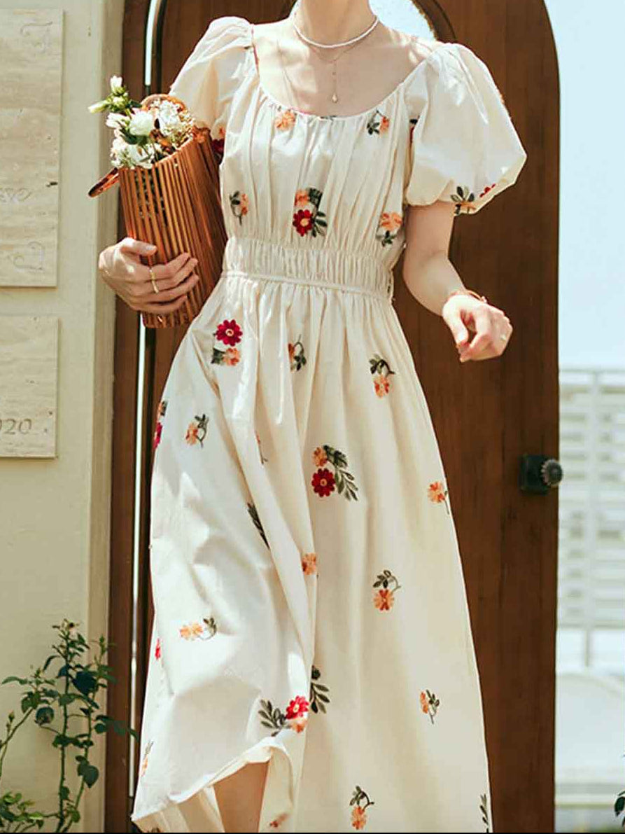 Olivia Retro Embroidered Puff Sleeve Dress