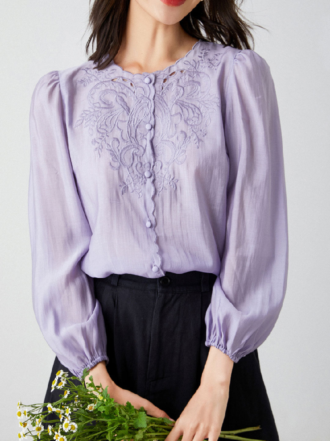 Jocelyn Elegant Embroidered Lantern Sleeve Shirt-Khaki