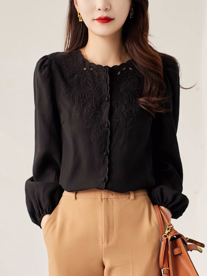 Jocelyn Elegant Embroidered Lantern Sleeve Shirt-Khaki