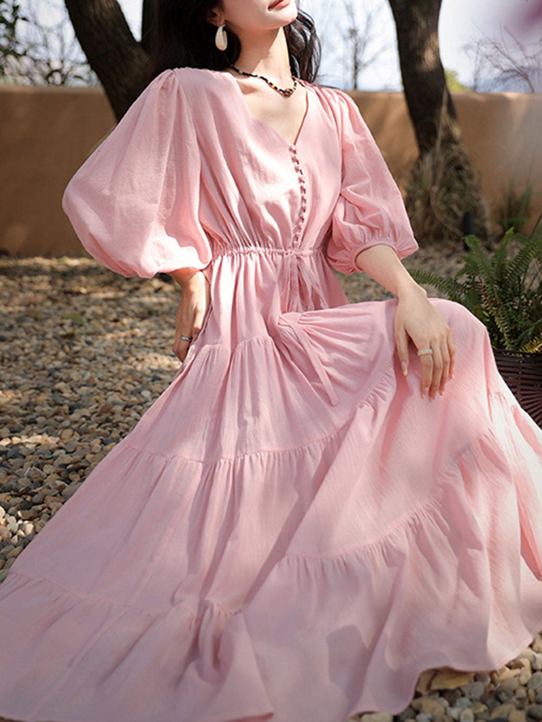 Olivia Retro V-neck Solid Color Dress