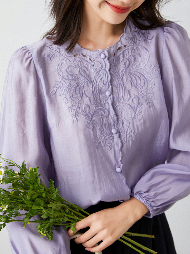 Jocelyn Elegant Embroidered Lantern Sleeve Shirt-Khaki