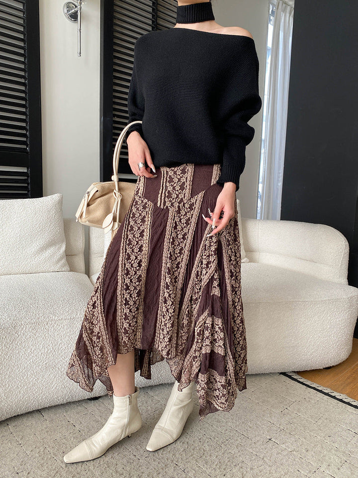 Abigail High-Waisted Irregular Lace Patchwork A-Line Skirt