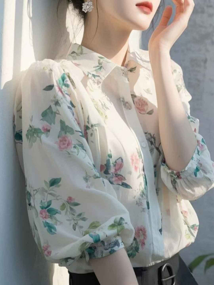 Riley Lapel Floral Printed Chiffon Blouse