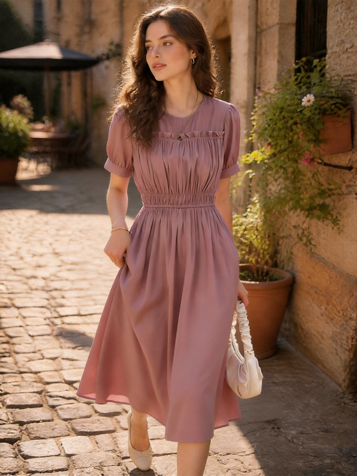 Sarah Elegant Puff Sleeve Pleated Dress