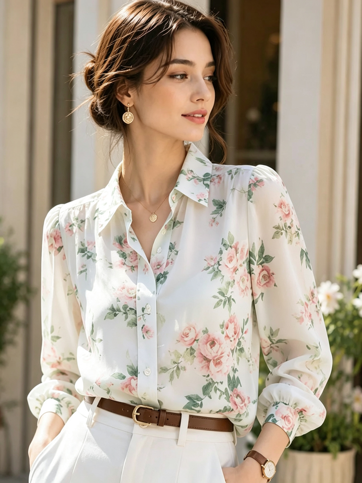 Riley Loose Polo Collar Floral Chiffon Top