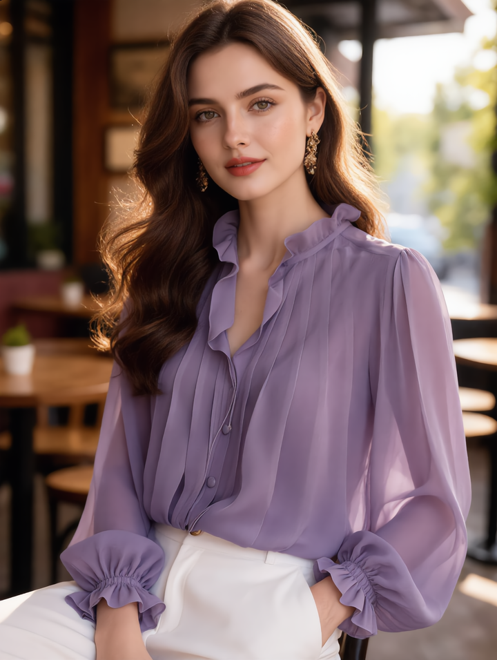Sophia Chic Ruffled Collar Lantern Sleeve Chiffon Blouse