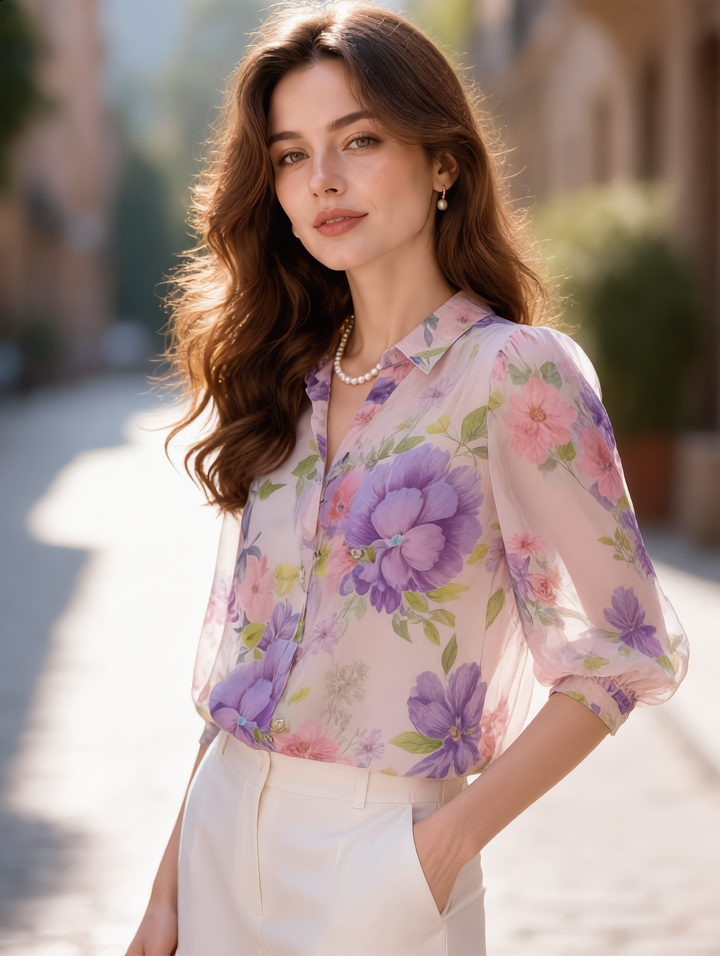 Riley Lapel Floral Printed Chiffon Blouse