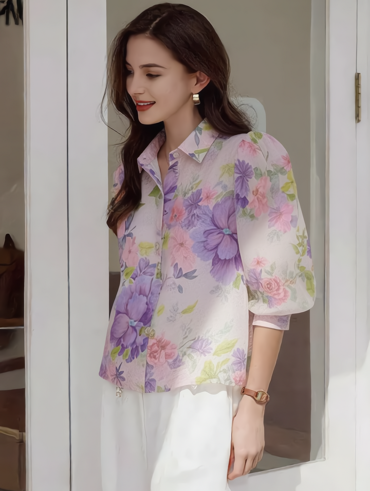 Riley Lapel Floral Printed Chiffon Blouse