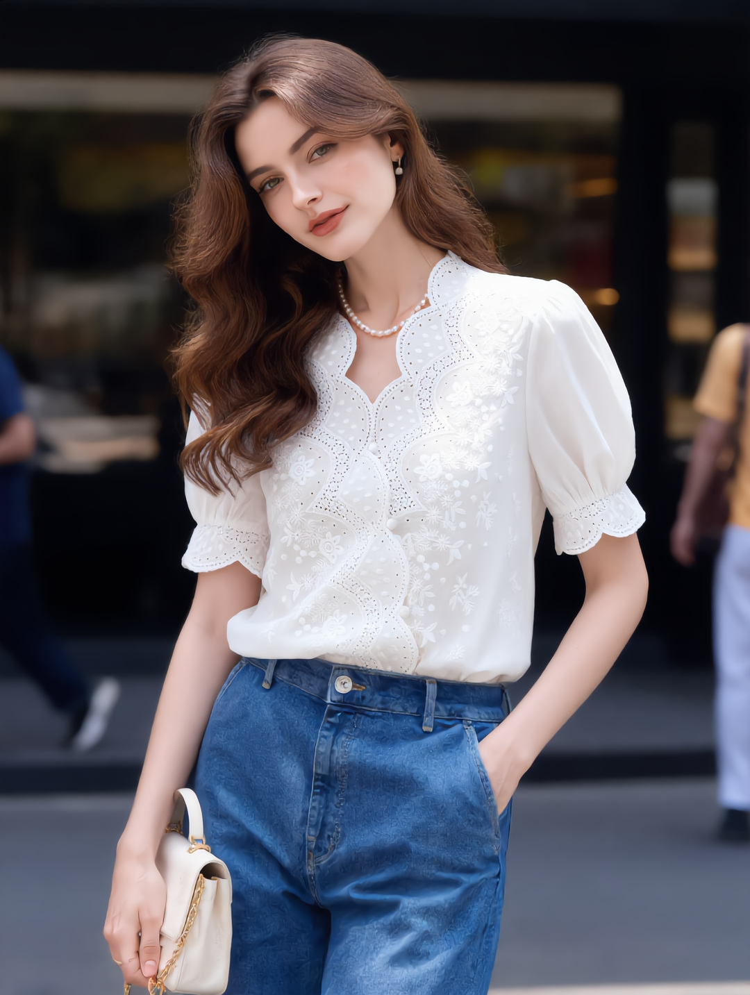Eva Retro V-neck Embroidered Chiffon Shirt