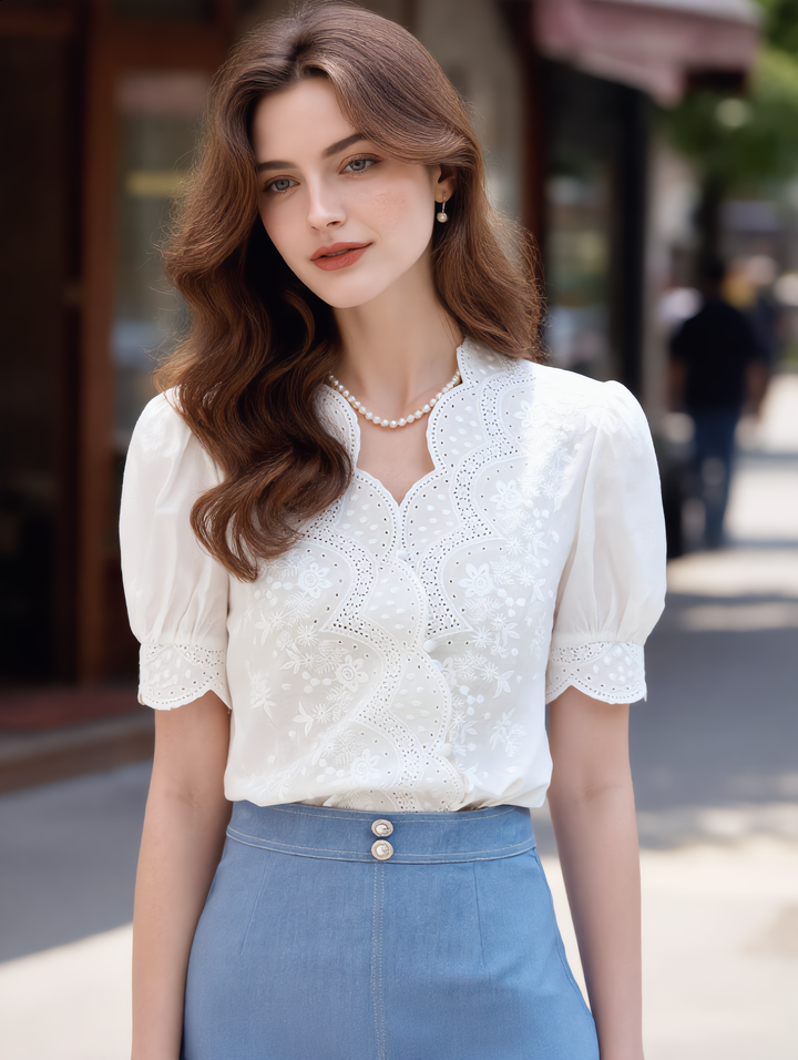 Eva Retro V-neck Embroidered Chiffon Shirt