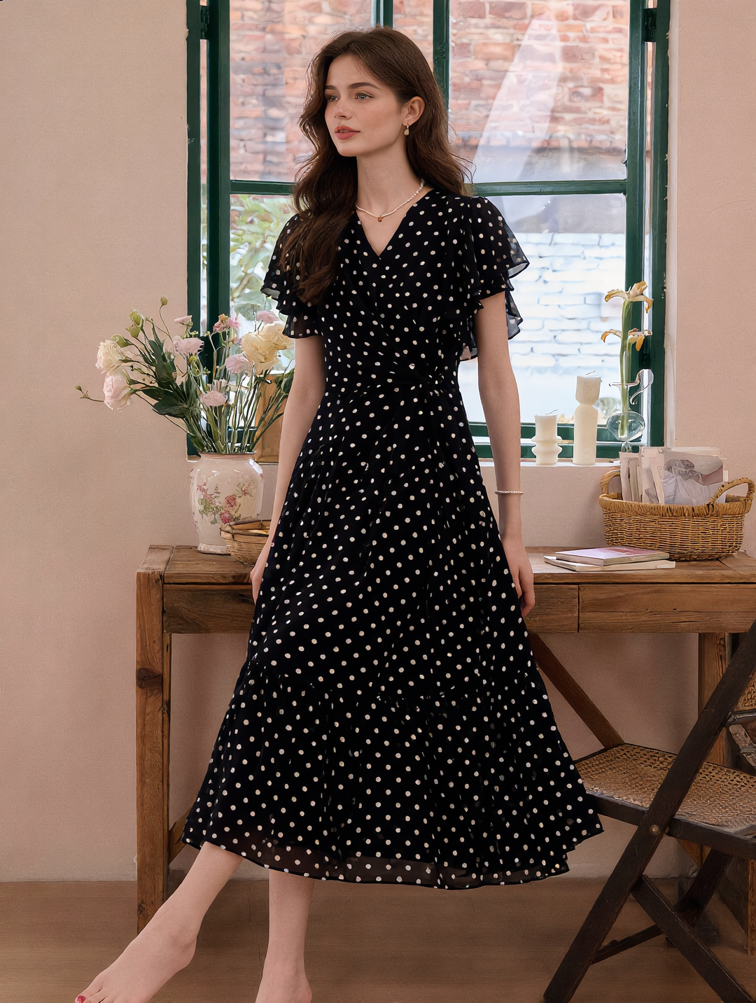 Grace Daily V-Neck Polka Dot Fishtail Chiffon Dress