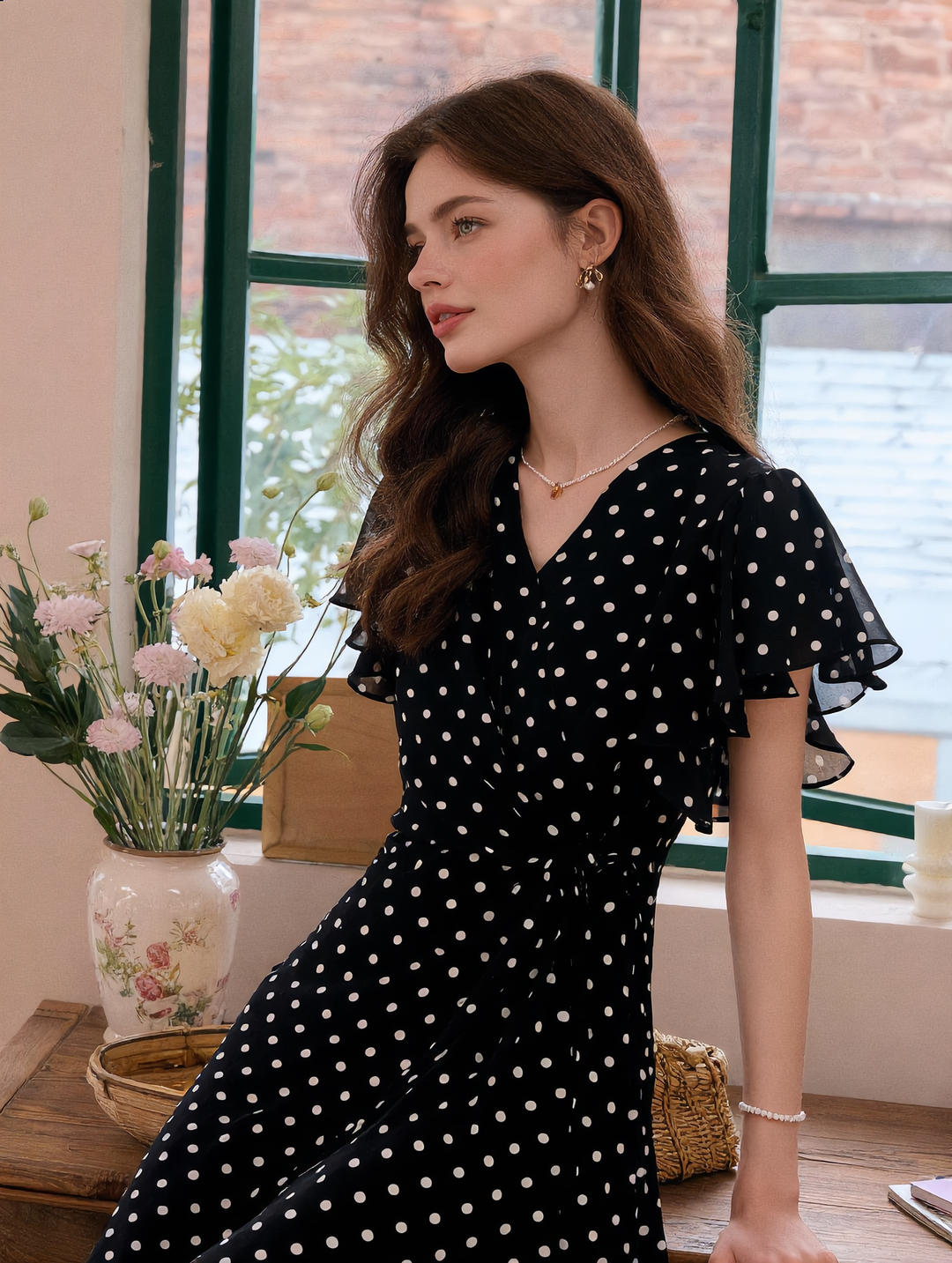 Grace Daily V-Neck Polka Dot Fishtail Chiffon Dress