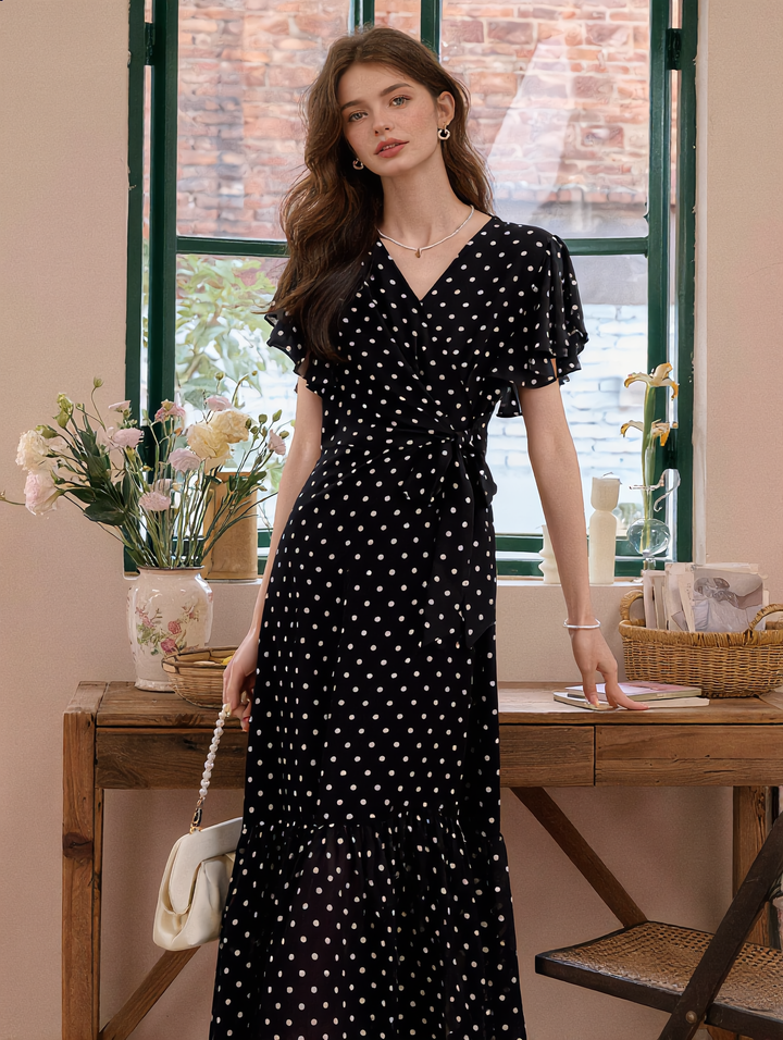 Grace Daily V-Neck Polka Dot Fishtail Chiffon Dress
