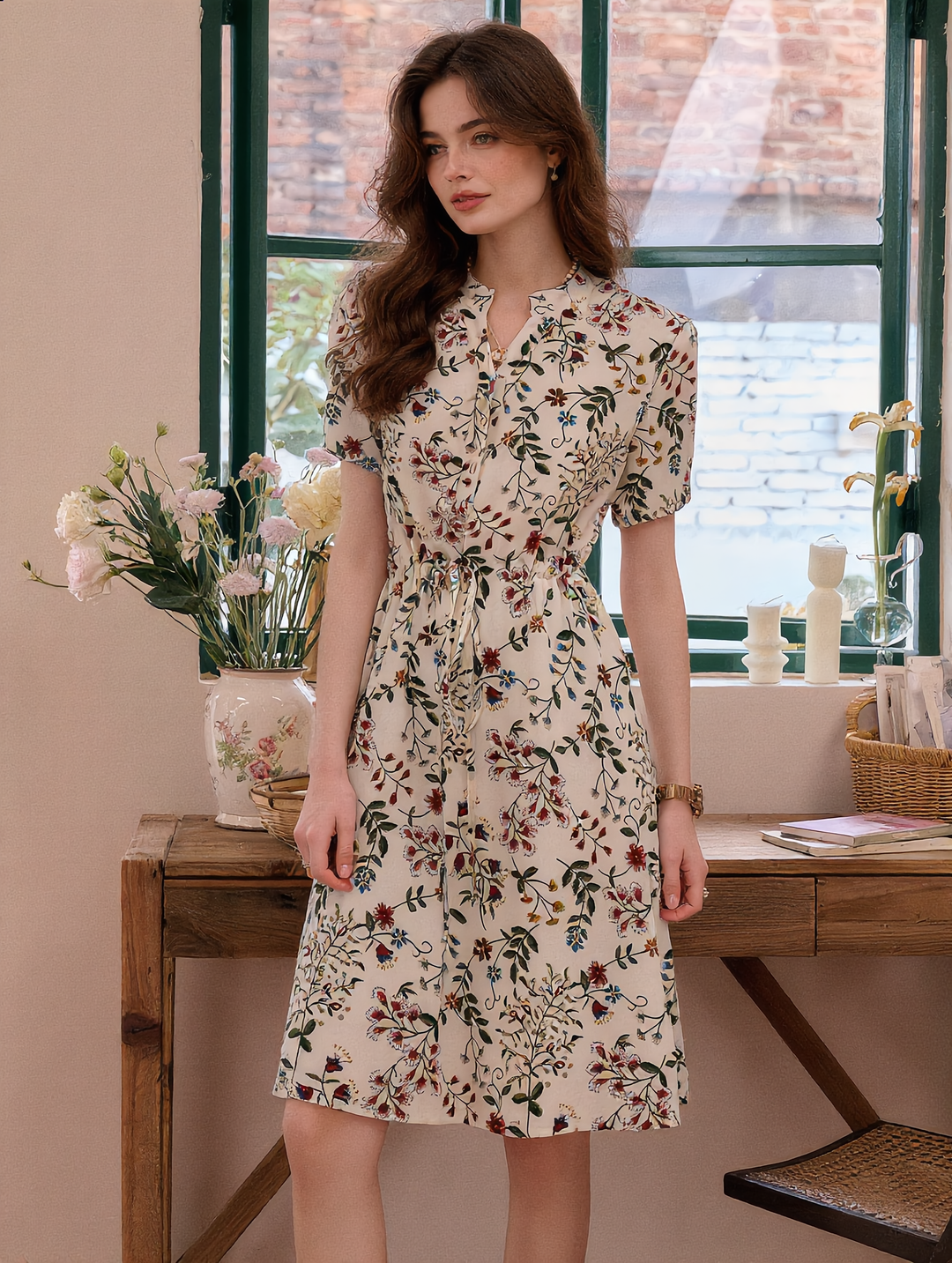 Faith V-Neck Printed Drawstring Chiffon Dress