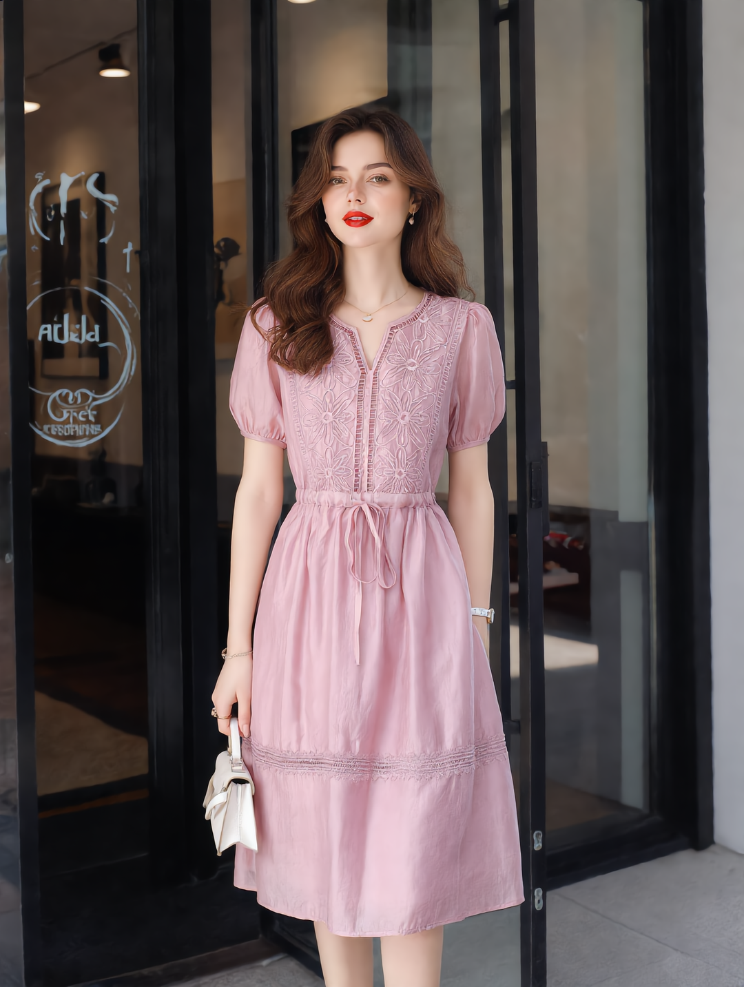 Hannah Classic V-Neck Embroidered Patchwork Dress