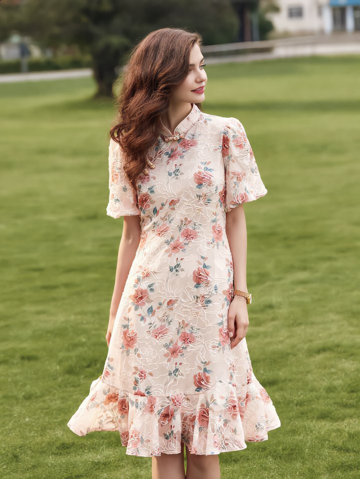 Emma Retro Puff Sleeve Embroidered Lace Dress