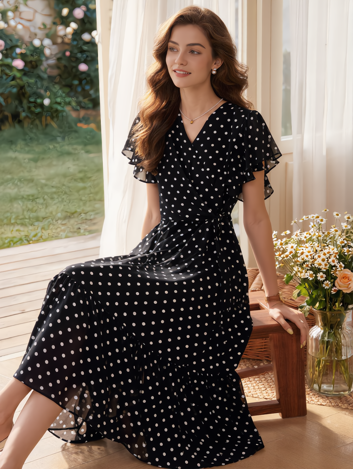 Grace Daily V-Neck Polka Dot Fishtail Chiffon Dress