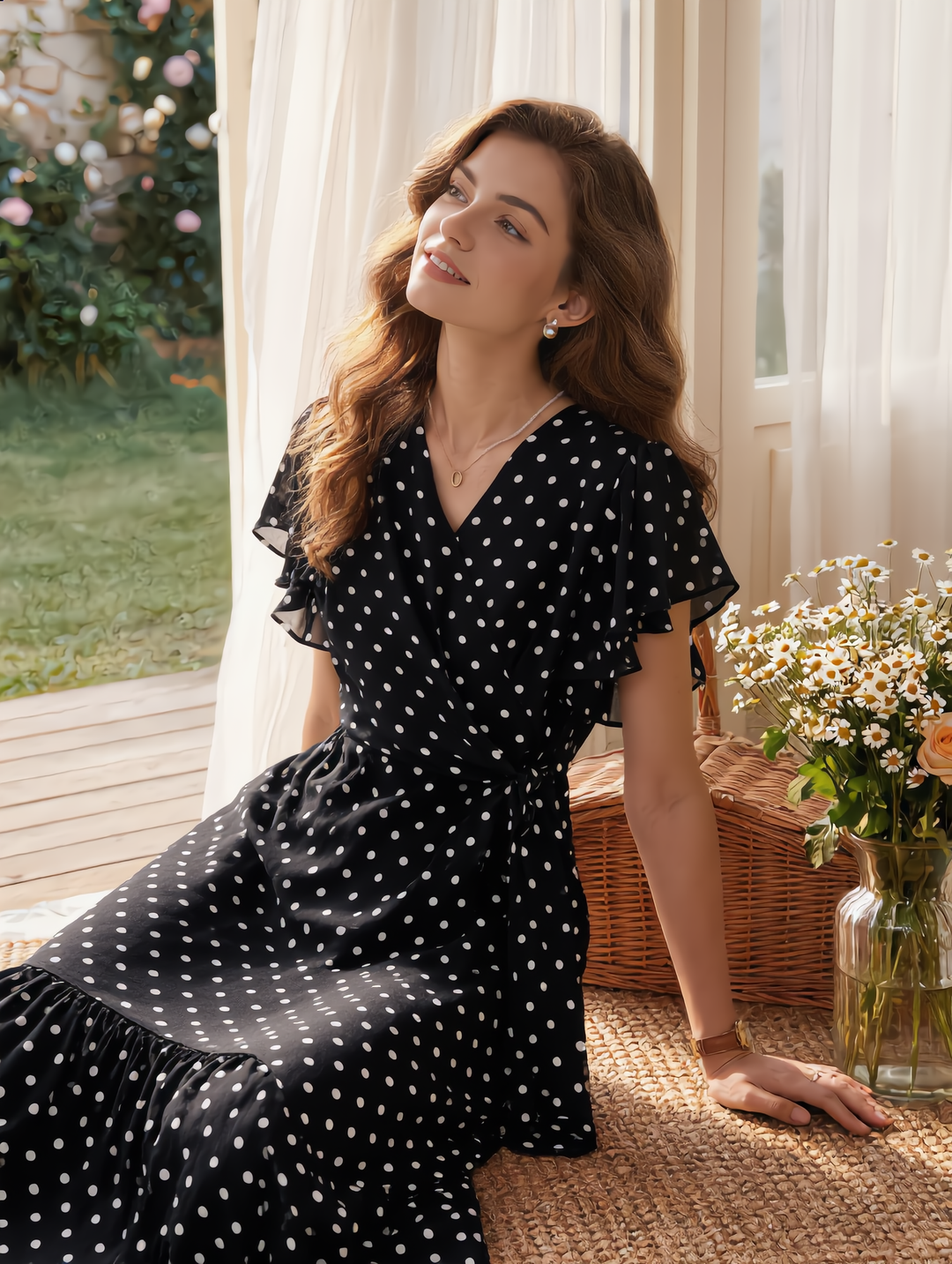 Grace Daily V-Neck Polka Dot Fishtail Chiffon Dress