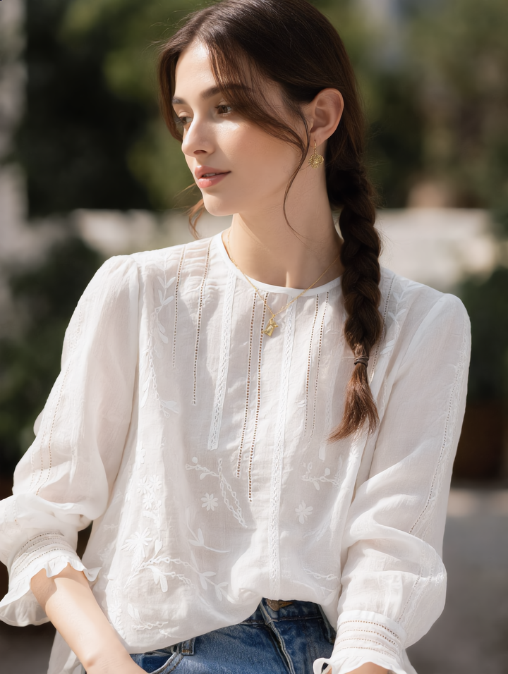 Claire Retro Crew Neck Solid Color Embroidered Hollowed Top