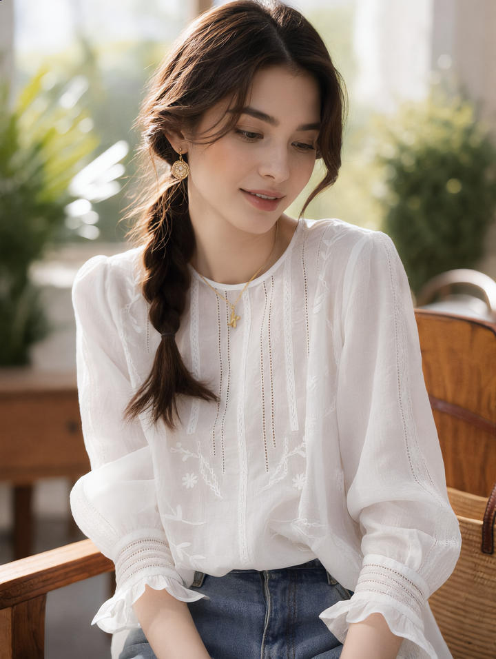 Claire Retro Crew Neck Solid Color Embroidered Hollowed Top