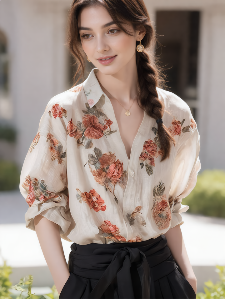 Mia Chic V-Neck Floral Printed Blouse