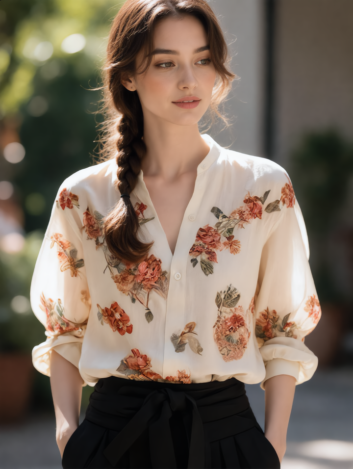 Mia Chic V-Neck Floral Printed Blouse