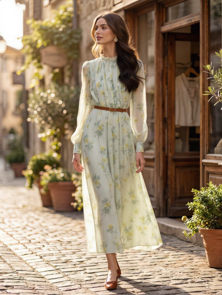 Chloe Slim Crew Neck Waisted Floral A-Line Dress