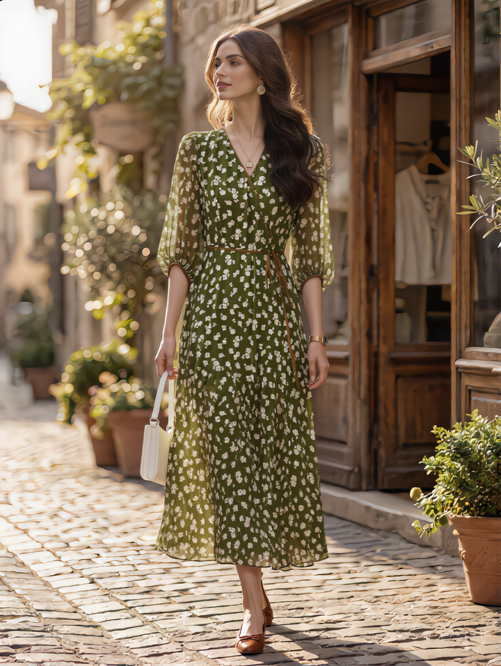 Molly Retro Floral Wrap Waisted Dress-Green Long
