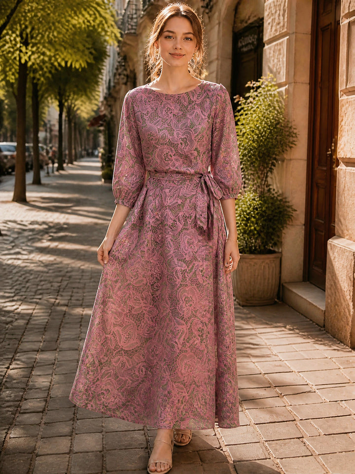 Mya Elegant Crew Neck Printed Tie Dress