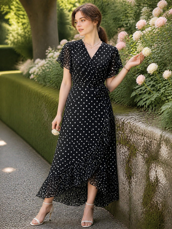 Grace Daily V-Neck Polka Dot Fishtail Chiffon Dress