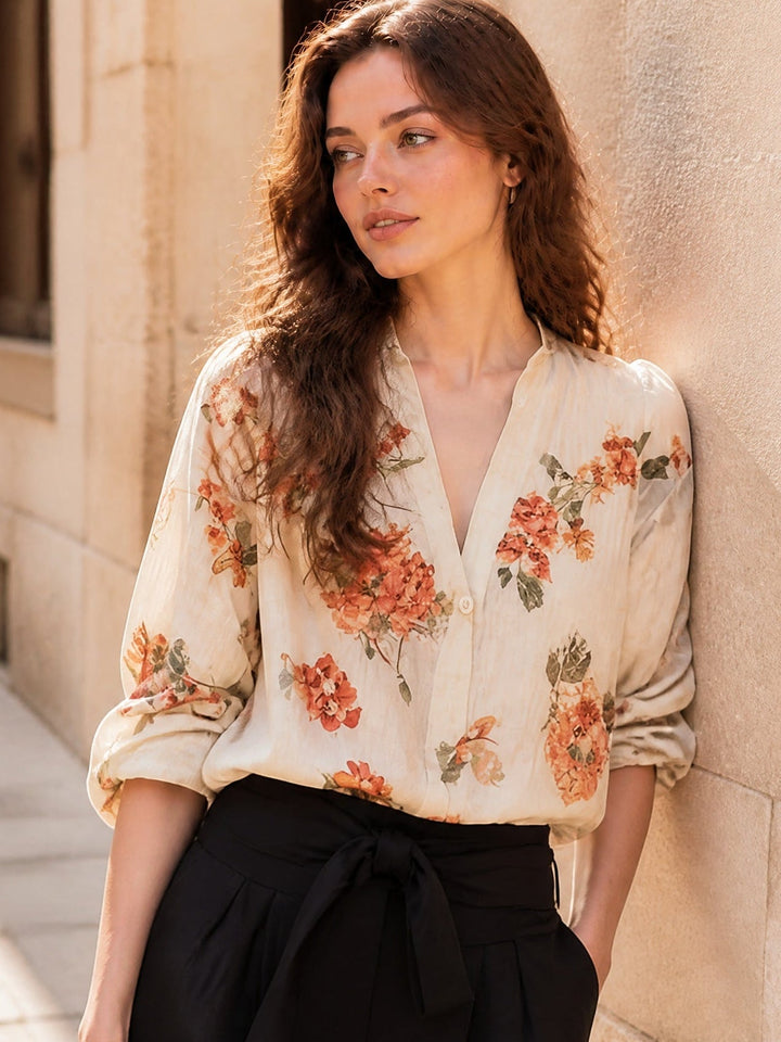 Mia Chic V-Neck Floral Printed Blouse