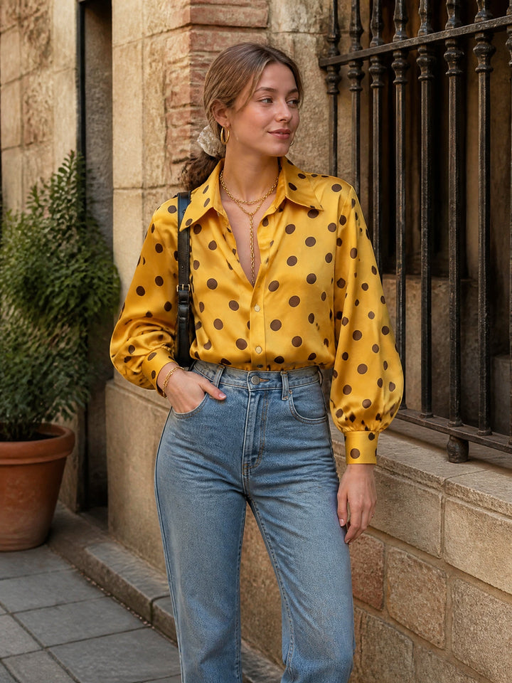 Mia Daily Lapel Polka Dot Printed Shirt