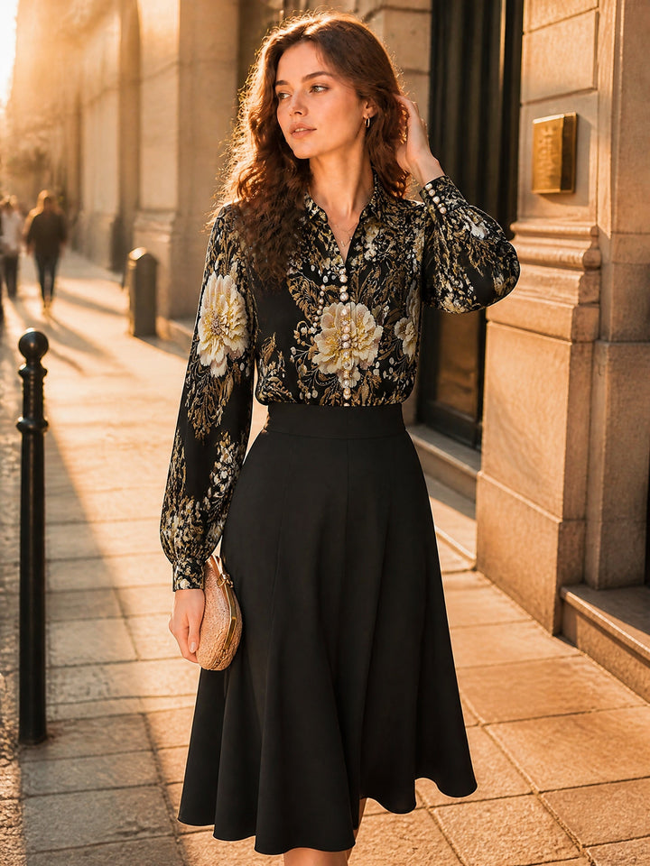 Kaylee Loose V-Neck Puff Sleeve Printed Chiffon Blouse
